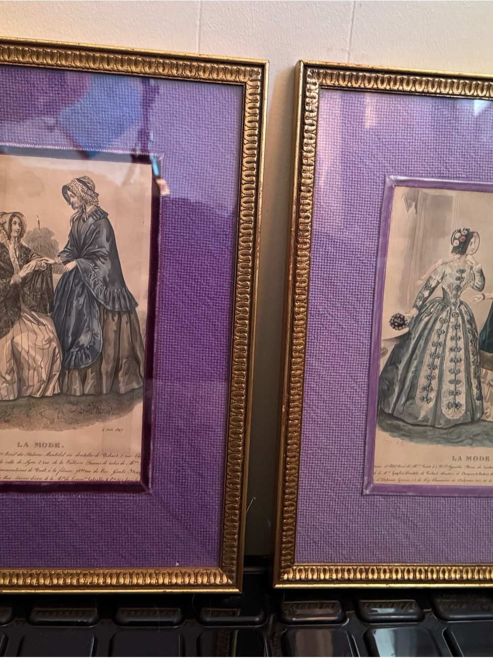Pair Antique 1850s French Fashion Plates La Mode.  Purple